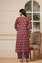Red Dahlia Cotton Kurta Set - Rouhab