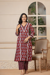 Red Dahlia Cotton Kurta Set - Rouhab