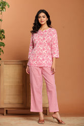 Rouhab Rosé Garden Lounge Co-Ord Set featuring a stylish pink floral top and matching comfortable pants, perfect for relaxed summer wear.