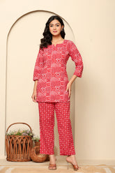 Rouhab Ruby Mosaic Co-Ord Set featuring a vibrant mosaic-patterned top and matching pants, stylish and comfortable for casual wear.