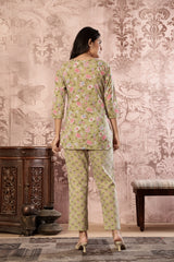 Olive Green Floral Printed Kurti with Straight Pants – Cotton Co-ord Set