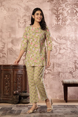 Olive Green Floral Printed Kurti with Straight Pants – Cotton Co-ord Set