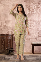 Olive Green Floral Printed Kurti with Straight Pants – Cotton Co-ord Set