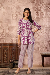 Purple printed cotton Kurti with straight pants co-ord set by Rouhab, shown with vibrant floral print and comfortable fit.
