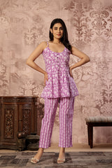 Pink printed cotton co-ord set featuring a spaghetti kurti and straight pants by Rouhab, stylish and comfortable for everyday wear.