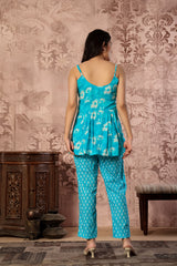 Turquoise Blue Printed Spaghetti Kurti with Straight Pants – Cotton Co-ord Set