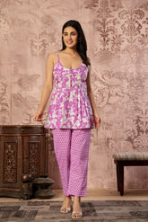Pink Floral Printed Spaghetti Kurti with Straight Pants – Cotton Co-ord Set