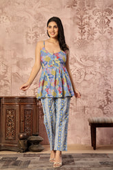 Blue floral printed cotton co-ord set featuring a spaghetti kurti and straight pants by Rouhab.