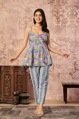 Blue Floral Printed Spaghetti Kurti with Straight Pants – Cotton Co-ord Set