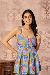 Blue Floral Printed Spaghetti Kurti with Straight Pants – Cotton Co-ord Set