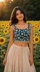 Teal Floral Tie-Up Crop Top by Rouhab – product view 1