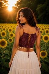 Wine Floral Tie-Up Crop Top