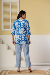 Blue Floral Printed Kurti with Straight Pants – Cotton Co-ord Set