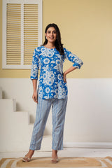 Blue Floral Printed Kurti with Straight Pants – Cotton Co-ord Set