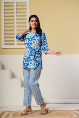Blue Floral Printed Kurti with Straight Pants – Cotton Co-ord Set