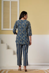 Navy Blue Floral Printed Kurti with Striped Straight Pants – Cotton Co-ord Set