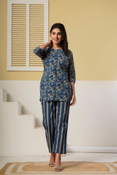 Navy blue floral printed kurti with striped straight cotton co-ord pants from Rouhab, showcasing elegant traditional Indian attire.
