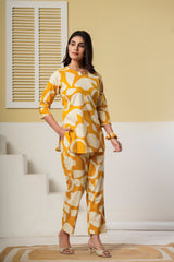 Mustard Yellow Geometric Printed Kurti with Straight Pants – Cotton Co-ord Set