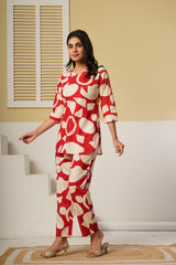 Red Geometric Printed Kurti with Straight Pants – Cotton Co-ord Set