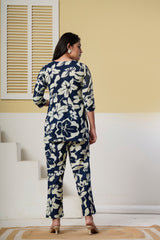 Navy Blue Floral Printed Kurti with Straight Pants – Cotton Co-ord Set