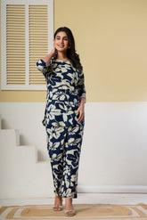 Navy blue floral printed cotton co-ord set with kurti and straight pants from Rouhab, featuring vibrant floral pattern and comfortable fit.