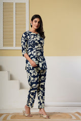 Navy Blue Floral Printed Kurti with Straight Pants – Cotton Co-ord Set