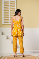 Yellow Floral Printed Spaghetti Kurti with Straight Pants – Cotton Co-ord Set
