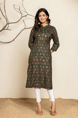 Dark Green Block Printed Rayon Kurti