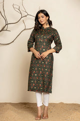 Dark Green Block Printed Rayon Kurti