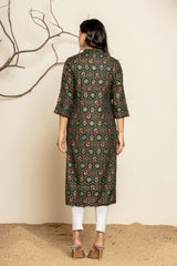 Dark Green Block Printed Rayon Kurti