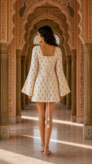 Ivory Heritage Flare Dress by Rouhab featuring a flowy silhouette and elegant design, displayed on a hanger.