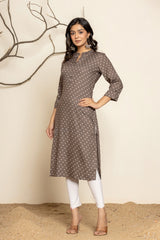 Brown Printed Rayon Straight Kurti