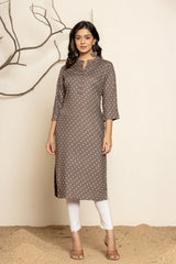 Brown Printed Rayon Straight Kurti