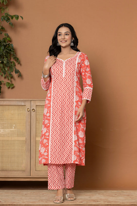 Poppy Red Cotton Kurta Set - Rouhab