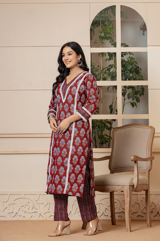 Red Dahlia Cotton Kurta Set - Rouhab