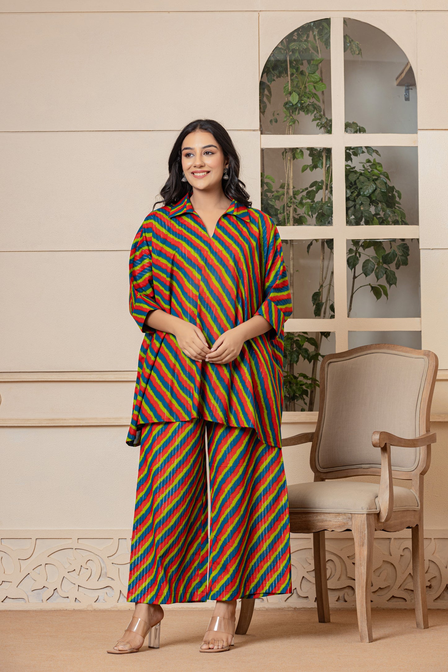 Multi Colour Lehariya Cotton Co-ord Set! - Rouhab