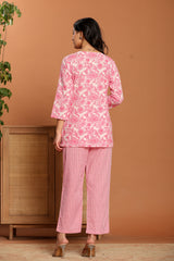 Rouhab Rosé Garden Lounge Co-Ord Set featuring a stylish matching top and pants in a floral pink design.