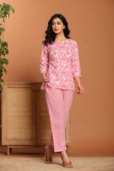 Rouhab Rosé Garden Lounge Co-Ord Set featuring a stylish matching top and pants in a floral pink design.