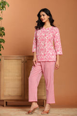 Rouhab Rosé Garden Lounge Co-Ord Set featuring a floral print top and matching relaxed pants for stylish comfort.