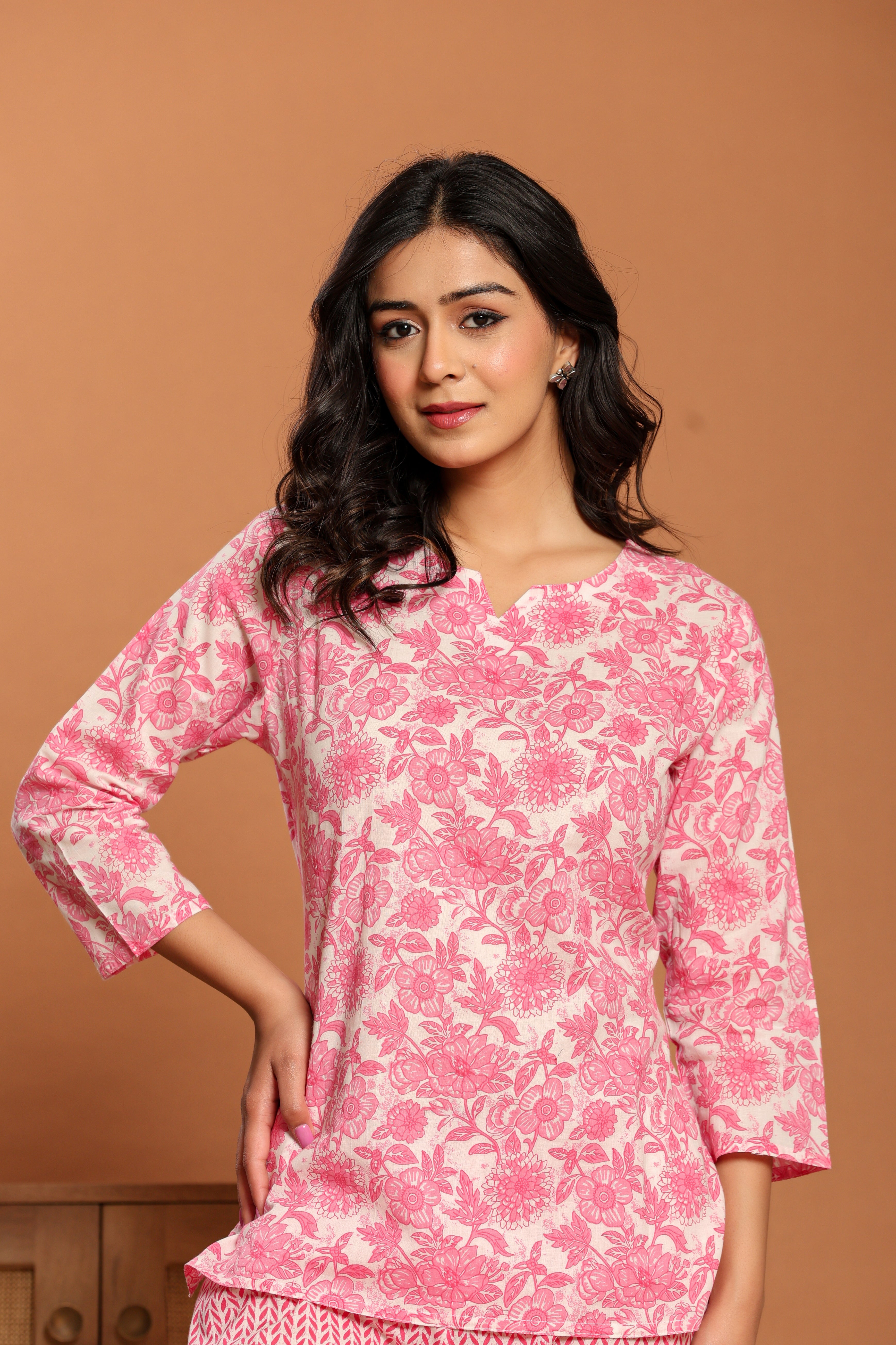 Rouhab Rosé Garden Lounge Co-Ord Set featuring a floral top and matching pants, perfect for casual and stylish summer wear.