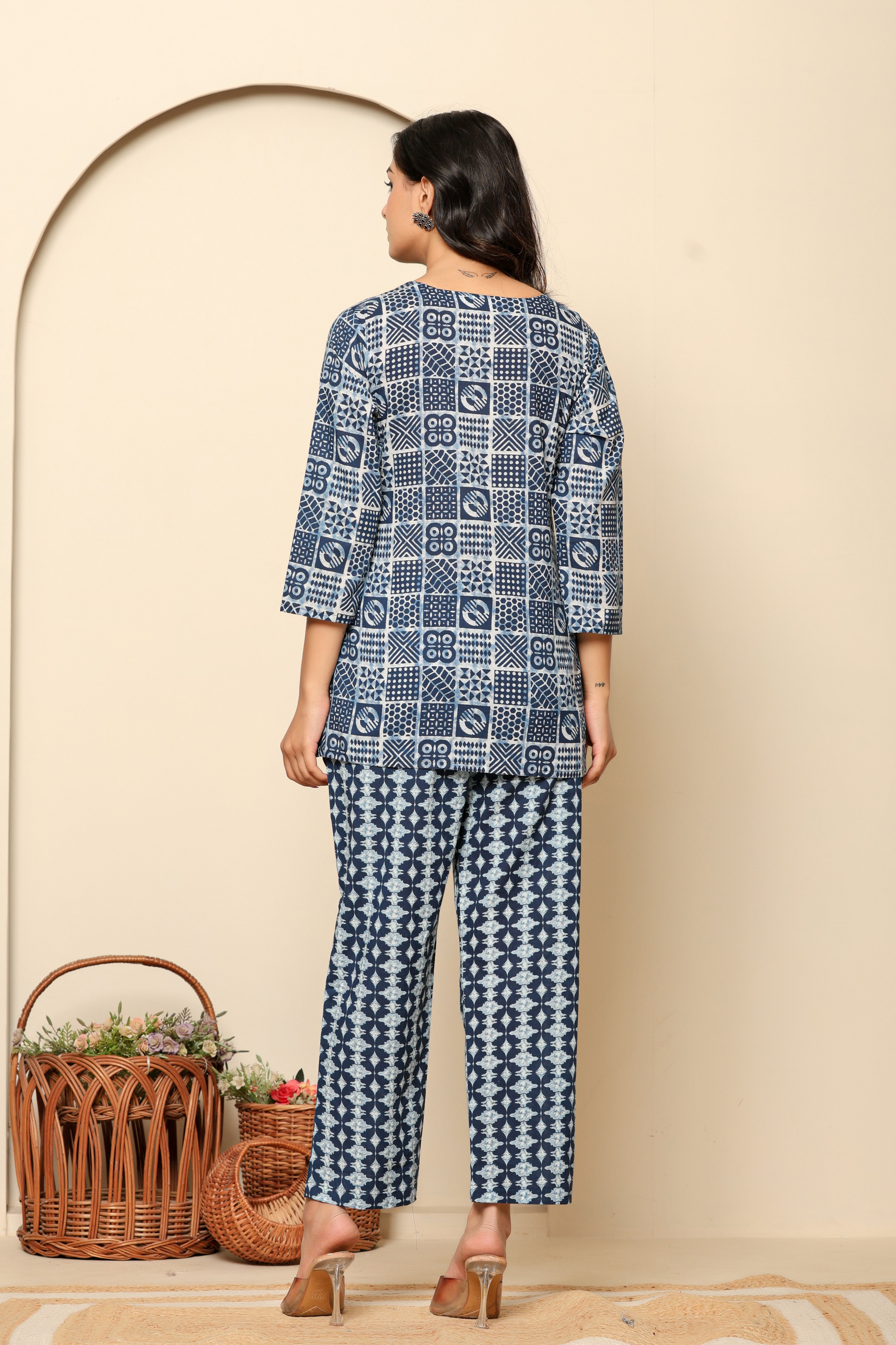 Rouhab Midnight Mosaic Co-Ord Set featuring a stylish matching top and pants with a mosaic pattern.