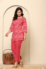 Rouhab Ruby Mosaic Co-Ord Set featuring a vibrant, patterned top and matching pants, perfect for stylish casual wear.