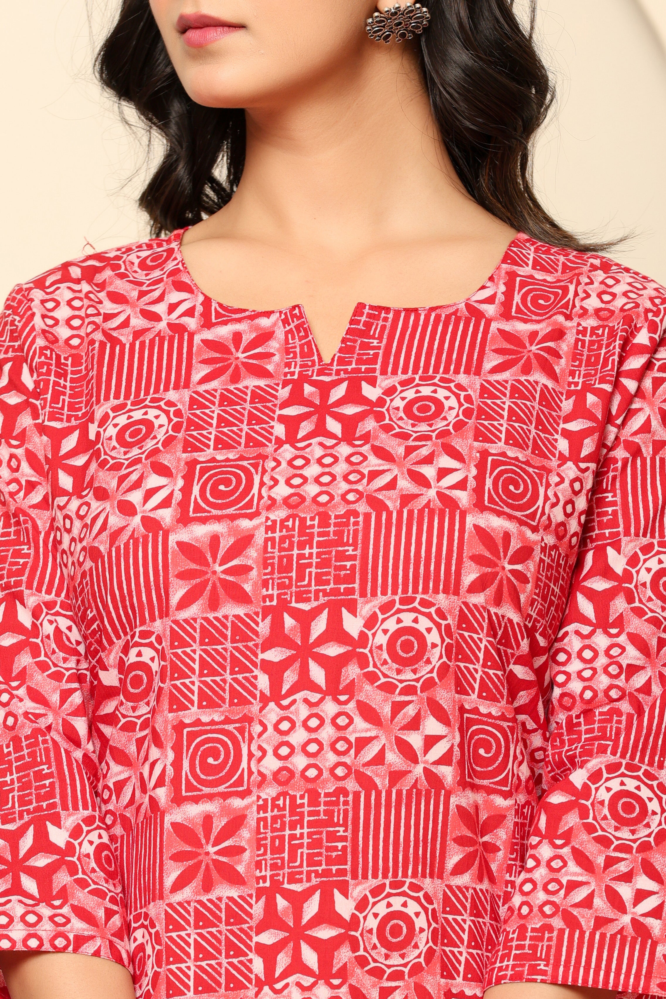 Rouhab Ruby Mosaic Co-Ord Set featuring a patterned top and matching pants, stylish and comfortable for casual wear.