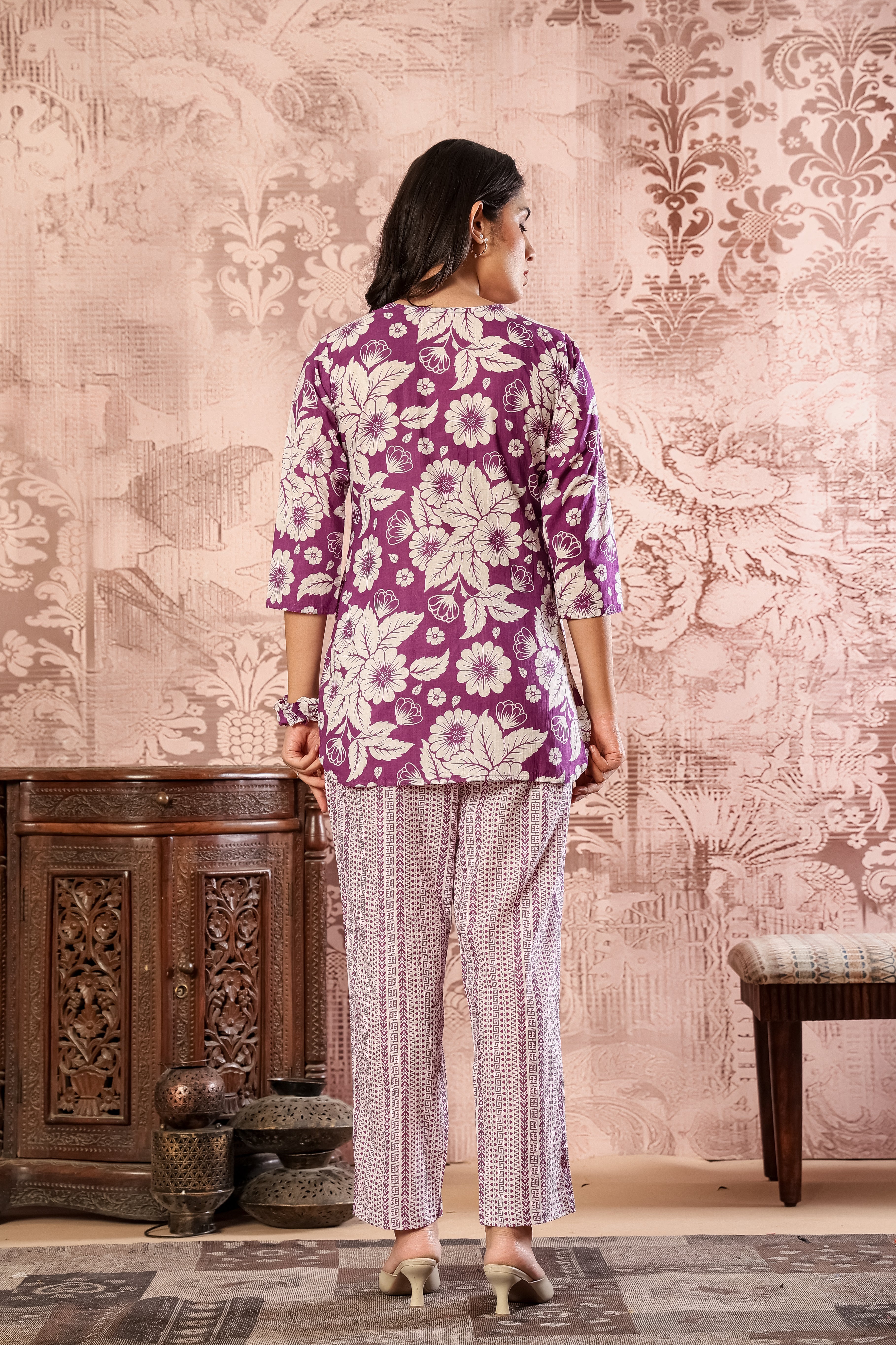 Purple printed cotton Kurti with straight pants co-ord set by Rouhab, featuring traditional floral design and comfortable fit.