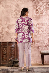 Purple printed cotton Kurti with straight pants co-ord set by Rouhab, featuring traditional floral design and comfortable fit.