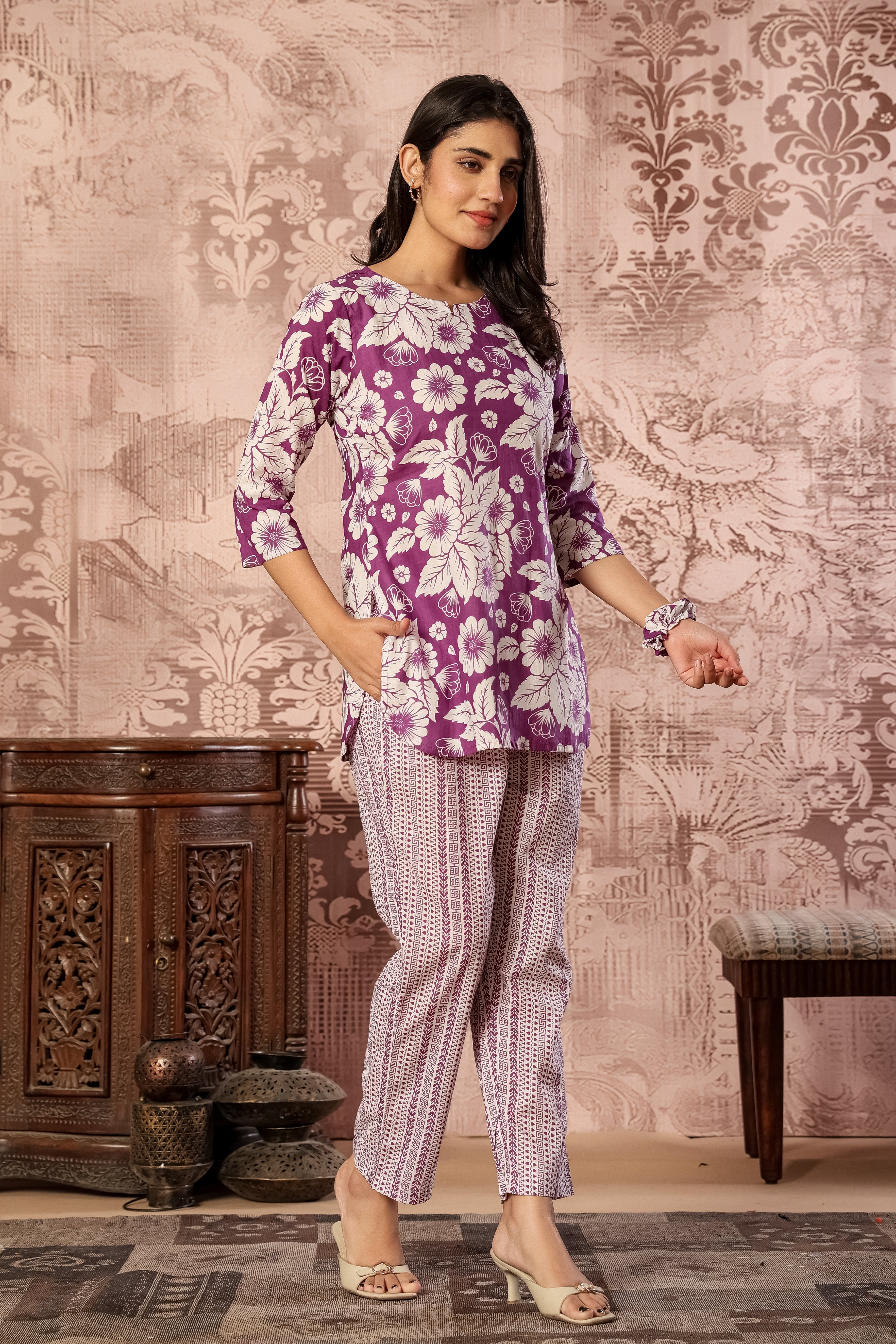 Purple printed cotton co-ord set featuring a kurti and straight pants by Rouhab, with intricate patterns and comfortable fit.