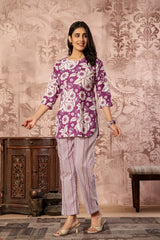 Purple printed cotton kurti with straight pants co-ord set by Rouhab, featuring traditional design and comfortable fit.