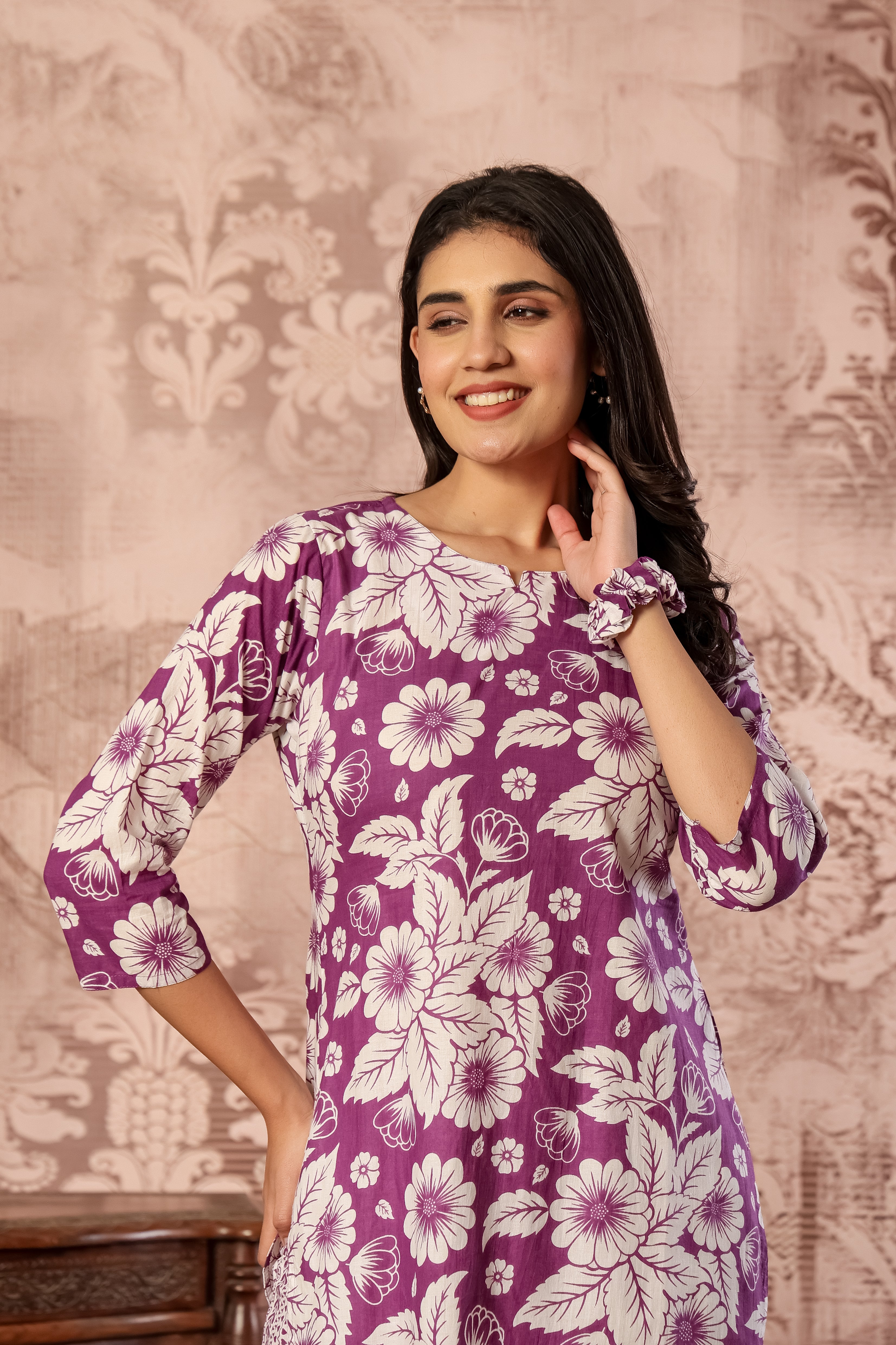 Purple printed cotton co-ord set featuring a kurti and straight pants by Rouhab, stylish and comfortable ethnic wear.