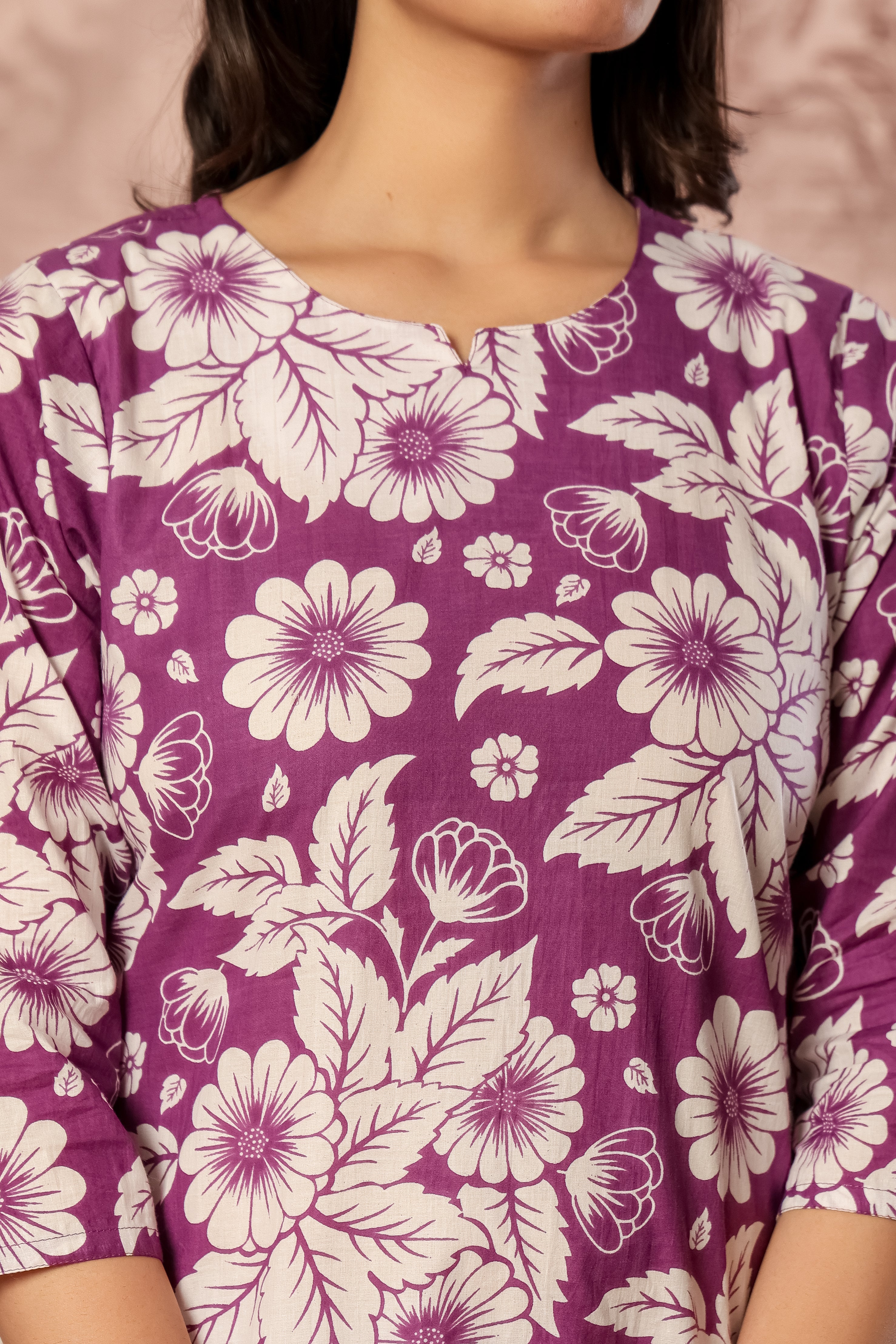 Purple printed cotton kurti with straight pants co-ord set by Rouhab, stylish and comfortable traditional Indian outfit.