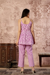 Pink printed cotton co-ord set featuring a spaghetti kurti and straight pants by Rouhab, stylish and comfortable for casual wear.